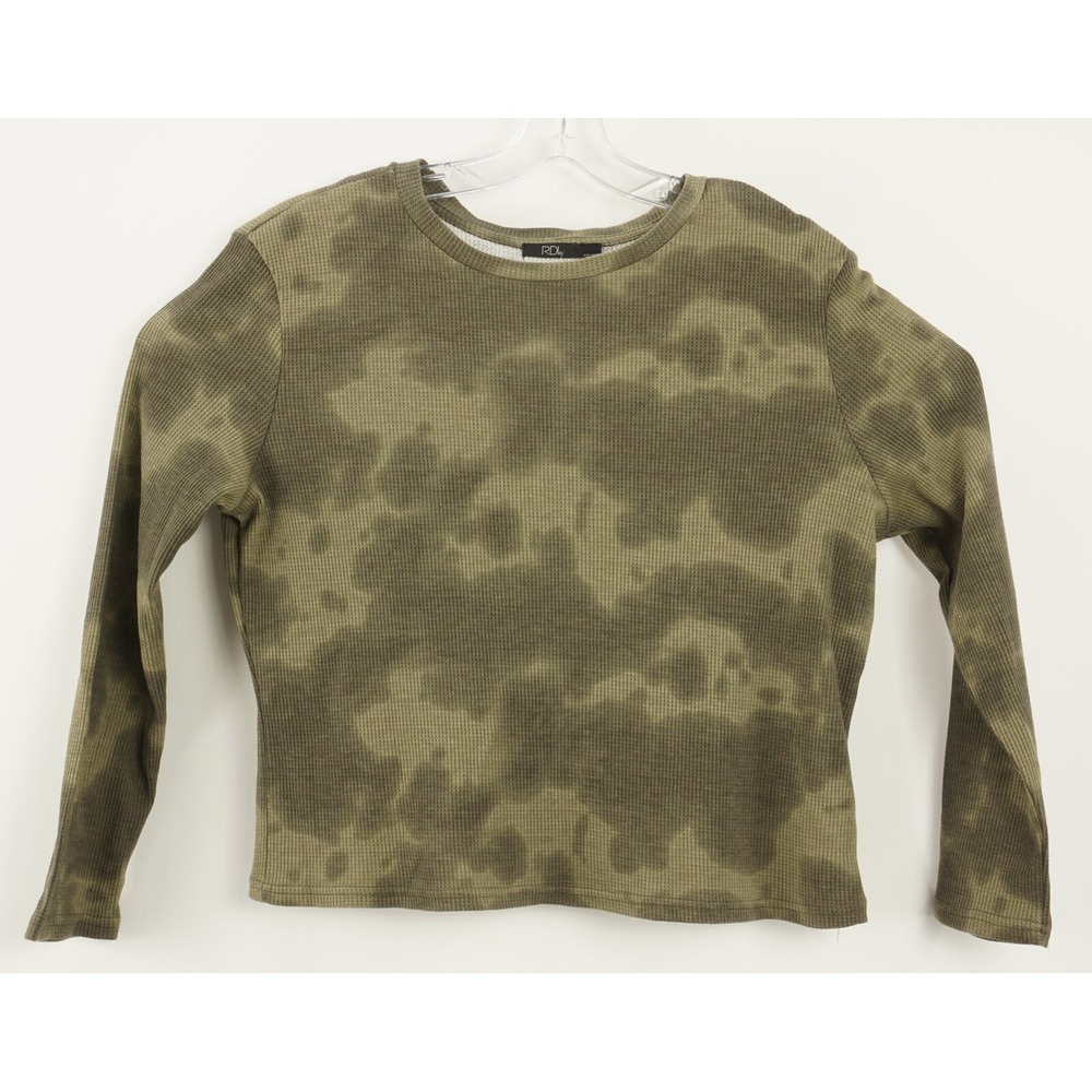 RDI Womens Green Tie Dye Waffle Knit Thermal Crew Neck Tee Top 72T043N